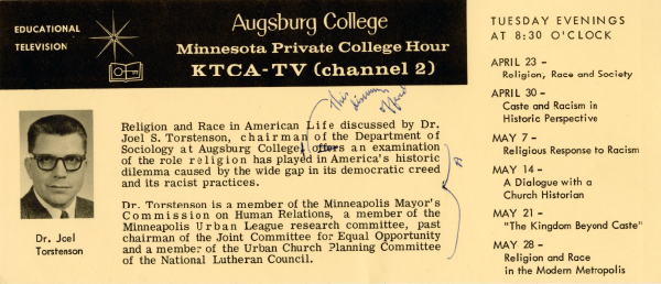 Promotional flyer by KTCA (now TPT) for Torstenson's six television lectures on religion and race in America, part of the Minnesota Private College Hour in 1964 (Archive photo)